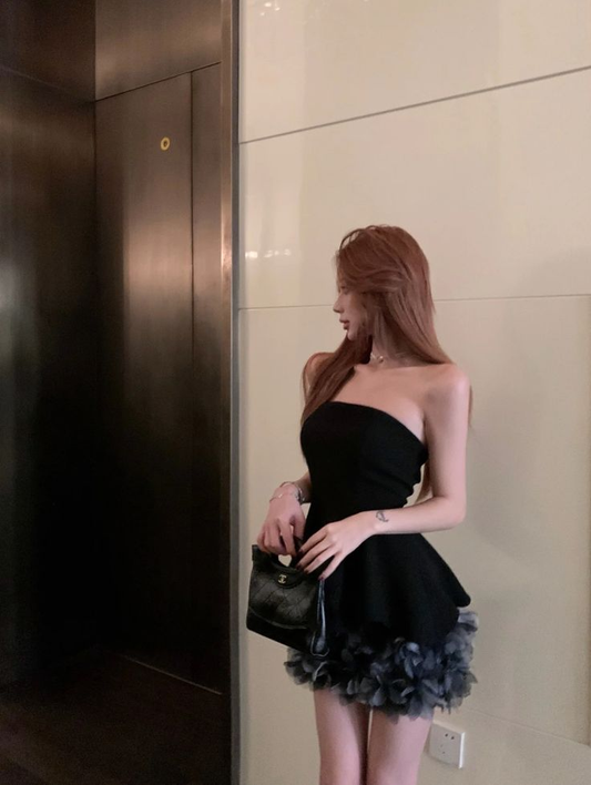 Vestido de cóctel negro sin tirantes de tul con estampado floral 3D, vestido de fiesta sin tirantes Y8105