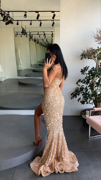 Gold Verlobungskleid Spaghettiträger Ballkleid Beinschlitz Pailletten Abendkleid Y71