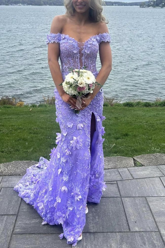 Wunderschönes schulterfreies V-Ausschnitt-Spitzenapplikationen-Meerjungfrauen-Ballkleid mit Schlitz, Geburtstags-Abendkleid Y7934