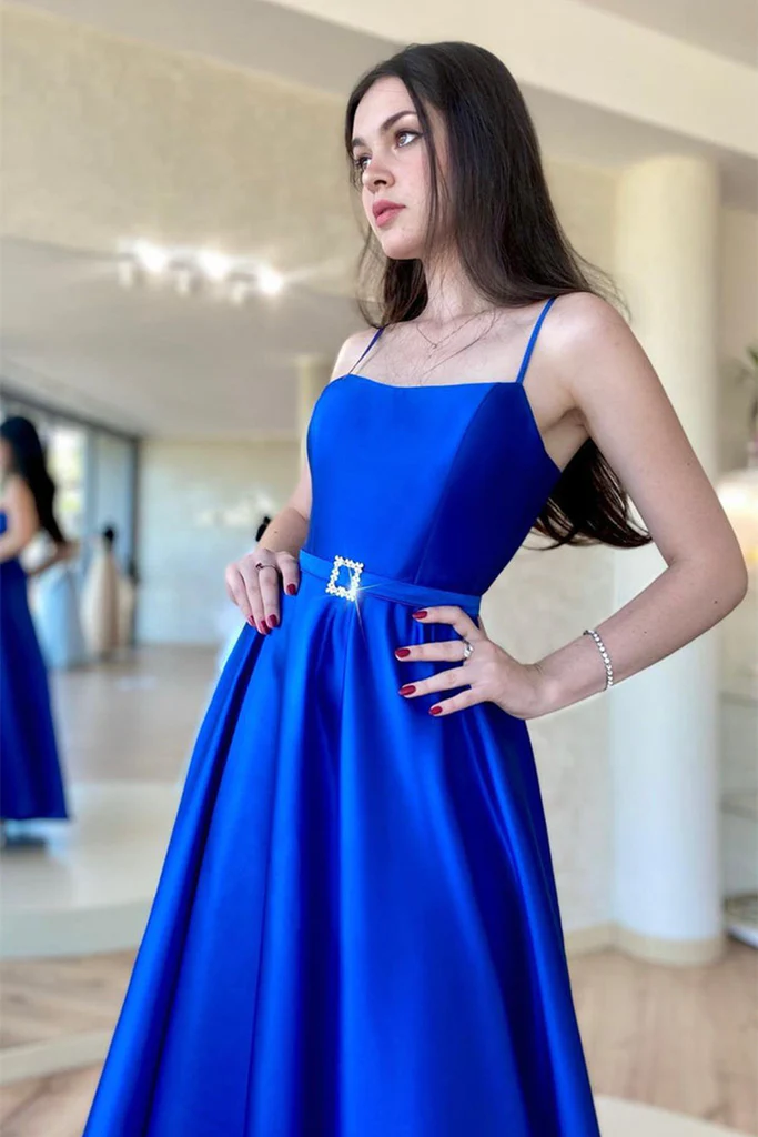 Vestido de fiesta largo de satén azul rey con abertura alta y espalda descubierta, vestido de noche formal de graduación azul Y203