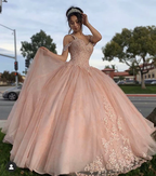 Rosa Quinceanera Ballkleid mit schulterfreiem Spitzenbesatz Y2734