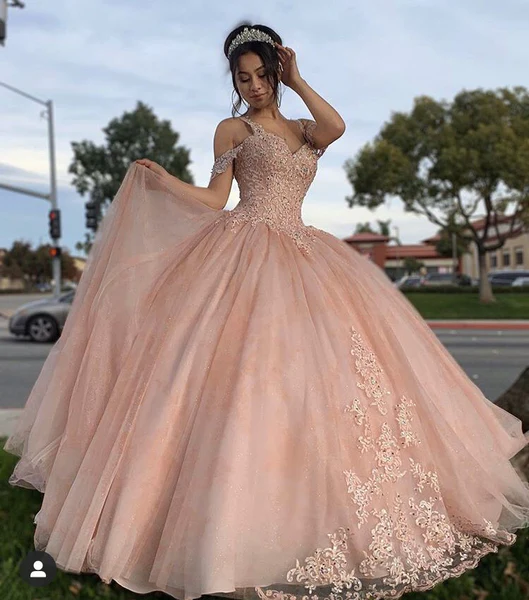 Rosa Quinceanera Ballkleid mit schulterfreiem Spitzenbesatz Y2734