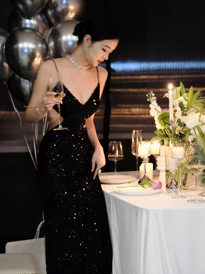 Black Sequins Sparkling Evening Dress,Sexy Backless Evening Gown Y1124