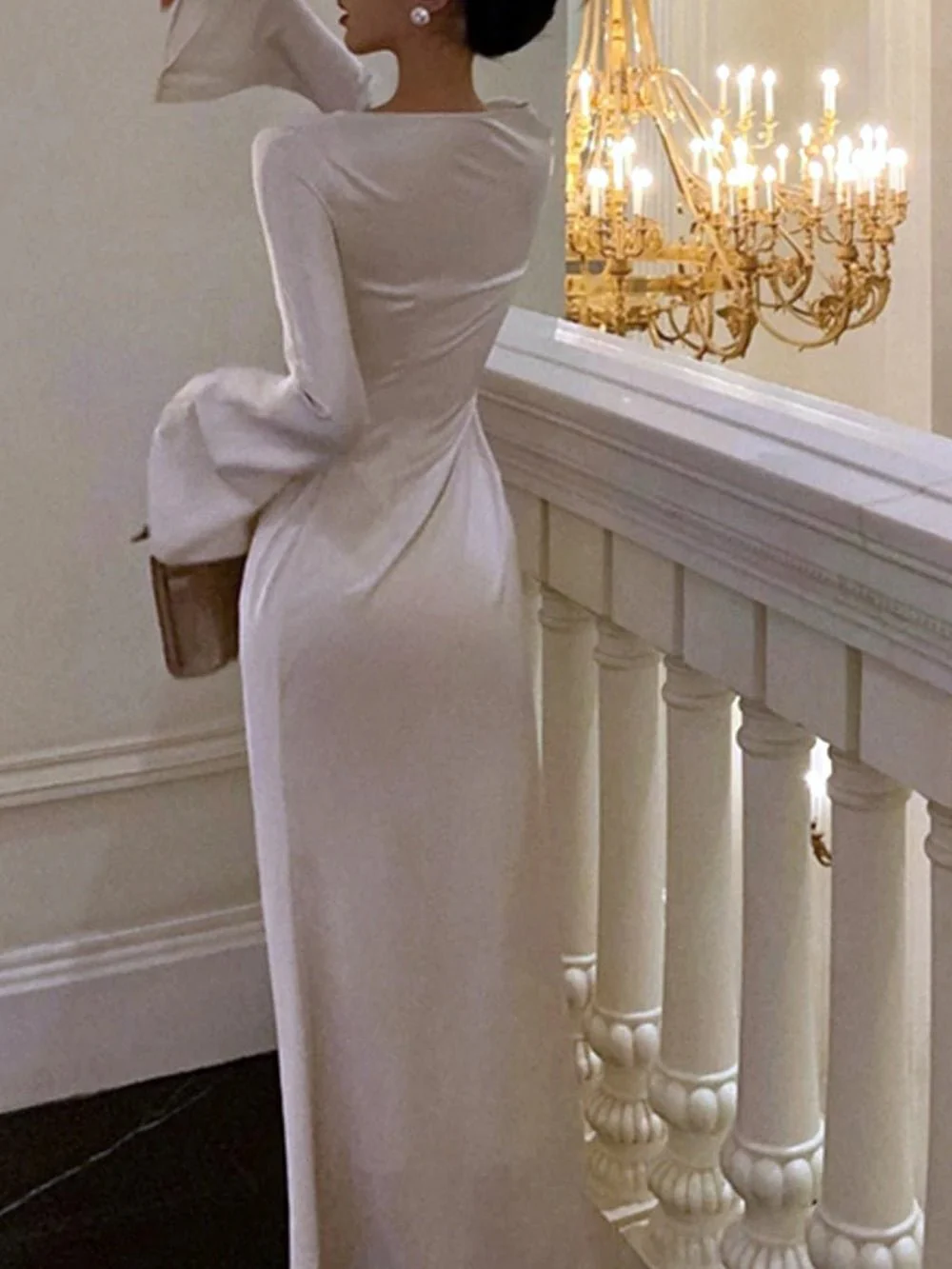Vestido de noche de satén con cuello redondo para mujer, vestido de cóctel blanco sencillo Y6894