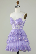 Träger Lavendel Pailletten Korsett Lagen Homecoming Kleid Y2907
