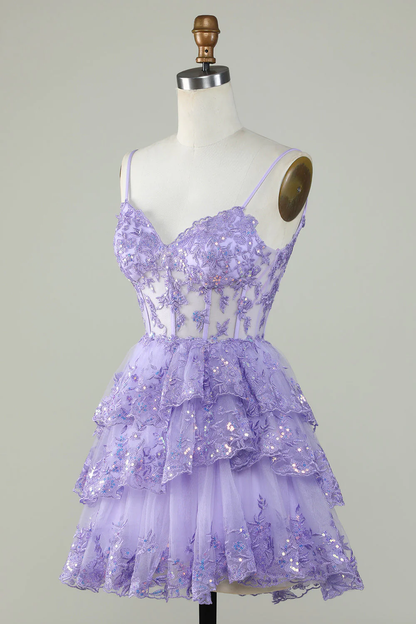 Träger Lavendel Pailletten Korsett Lagen Homecoming Kleid Y2907