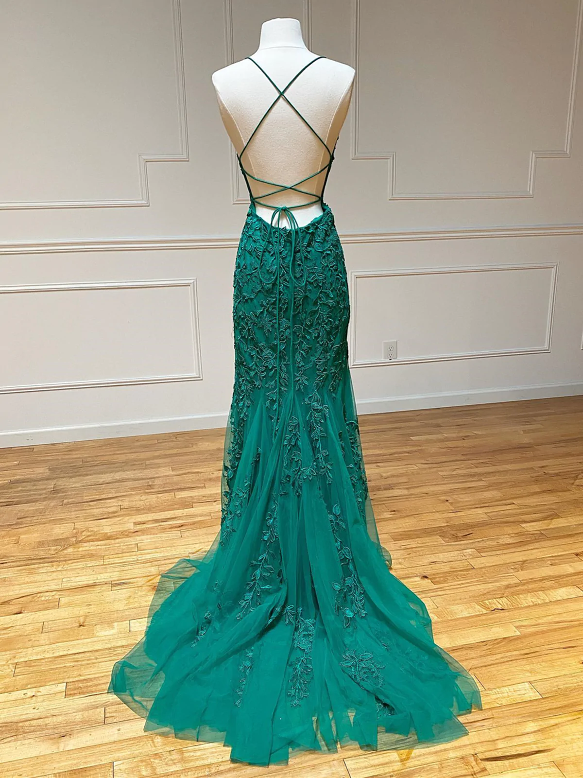 Vestidos de fiesta de sirena con encaje verde sin espalda, vestidos de noche formales de sirena con encaje verde con espalda descubierta Y1365