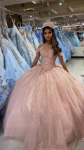 Hermoso vestido de quinceañera rosa ruborizado con hombros descubiertos y brillo, vestido de baile rosa ruborizado Y391