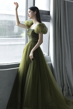 Vestido largo de fiesta de tul verde, vestido de noche verde Y623