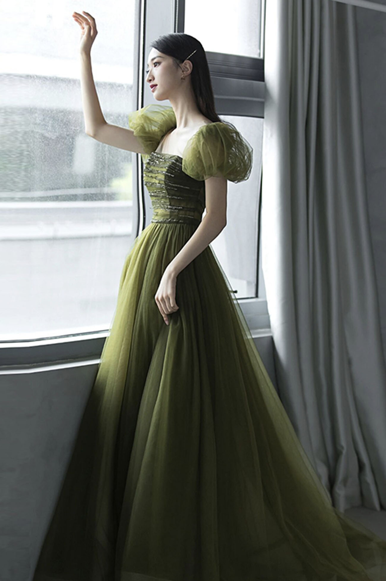 Vestido largo de fiesta de tul verde, vestido de noche verde Y623