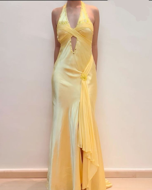 Elegante vestido de fiesta amarillo de satén con cuello halter y cuentas, corte sirena, vestido de noche Y8426