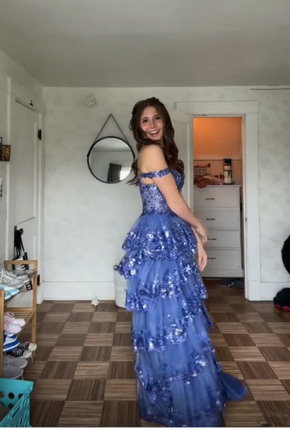 Funkelndes blaues Tüll-Pailletten-Abendkleid mit mehreren Lagen, formelles Ballkleid mit Schlitz, Y7961