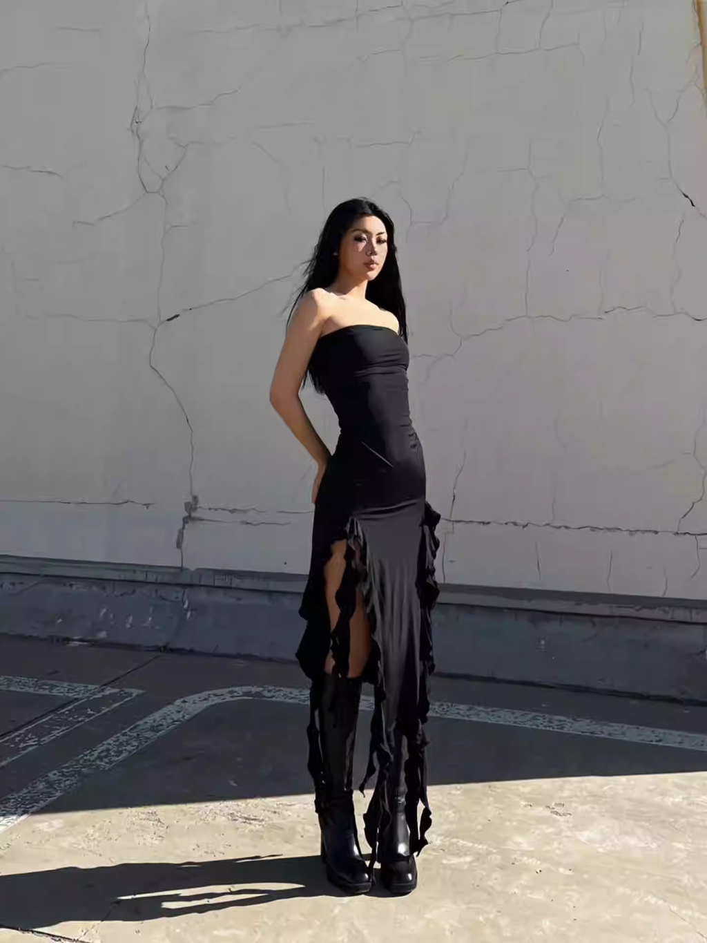 Elegante vestido de fiesta negro sin tirantes, vestido de noche negro Y1929