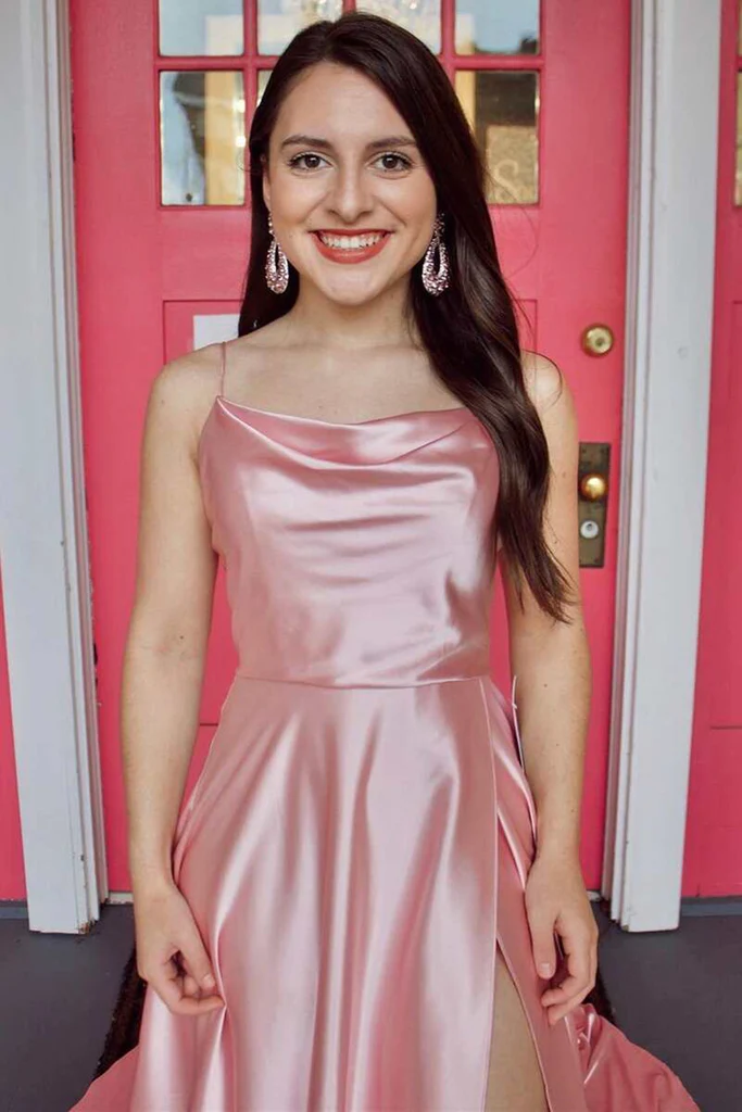 Schlichtes langes Ballkleid aus rosa Satin mit hohem Schlitz, langes formelles Abendkleid in Rosa für den Abschluss Y212