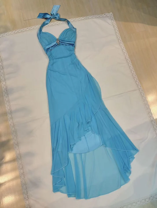 Vestido de fiesta de gasa azul con lentejuelas y cuello halter, estilo sirena, con volantes, Y8067