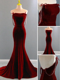 Vestido de noche largo de terciopelo rojo vino con corte sirena encantador Y7404