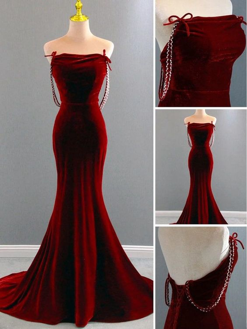 Vestido de noche largo de terciopelo rojo vino con corte sirena encantador Y7404