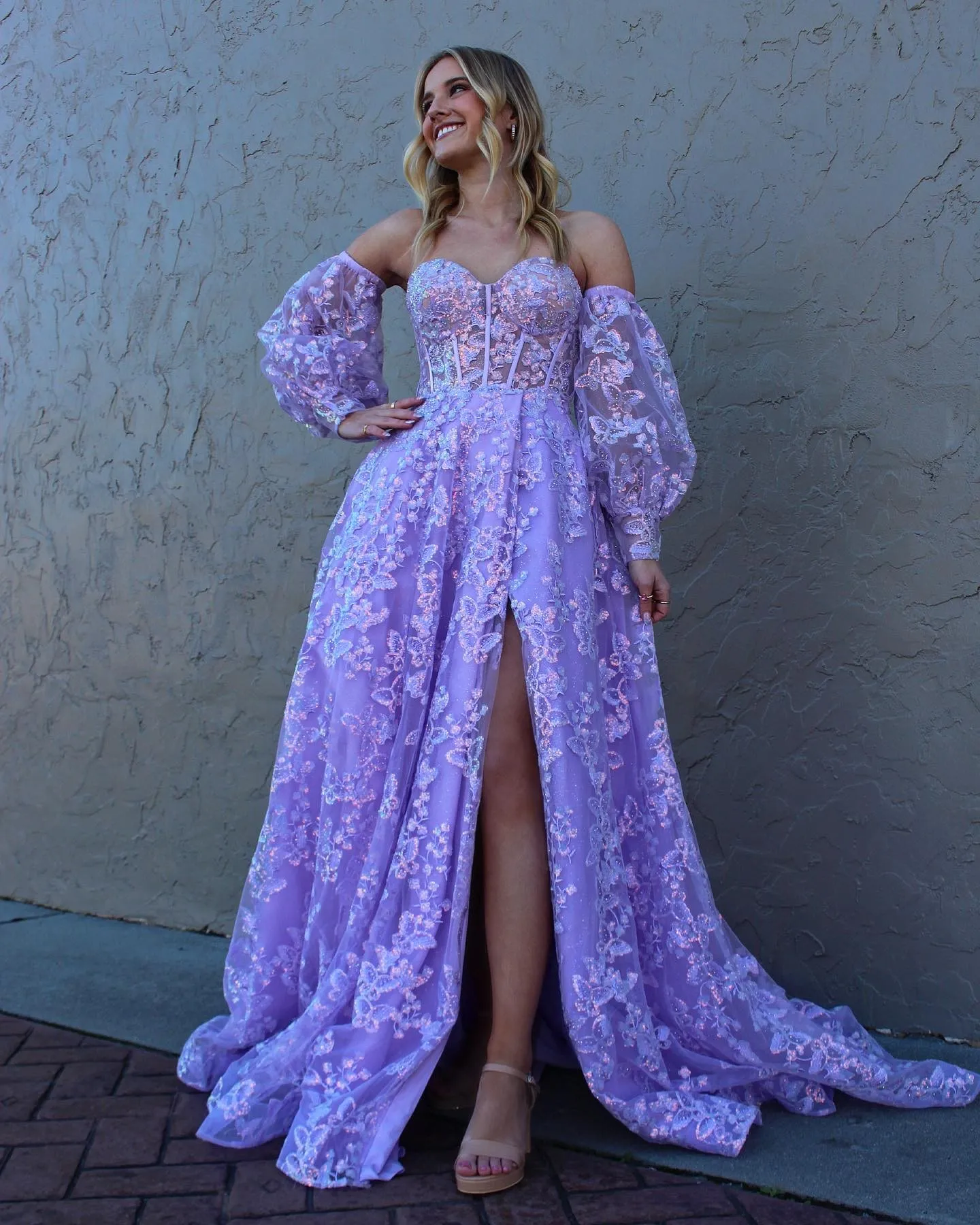 Sparkle Princess Bustier Puffärmel Spitze Langes Ballkleid Abnehmbare Ärmel Abendkleid Y1805