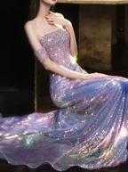 Glitzerndes, schulterfreies, perlenbesetztes, paillettenbesetztes Meerjungfrau-Abschlussball-Abendkleid in Lila Y8182