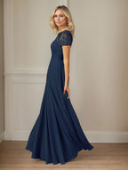 Vestido de gasa azul marino oscuro con escote barco, lentejuelas y corte en A