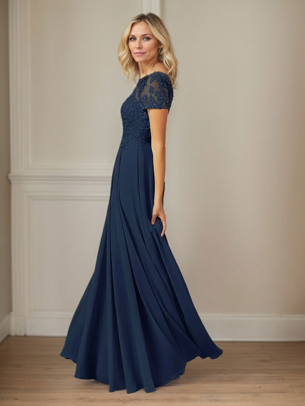 Vestido de gasa azul marino oscuro con escote barco, lentejuelas y corte en A