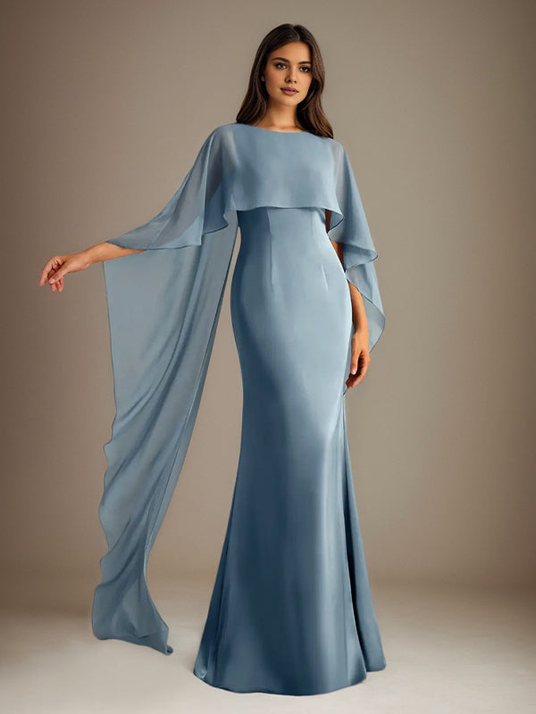 Vestido de gasa para madre de la novia, largo hasta el suelo, con escote barco y corte tubo/columna y volantes en cascada