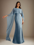Vestido de gasa para madre de la novia, largo hasta el suelo, con escote barco y corte tubo/columna y volantes en cascada