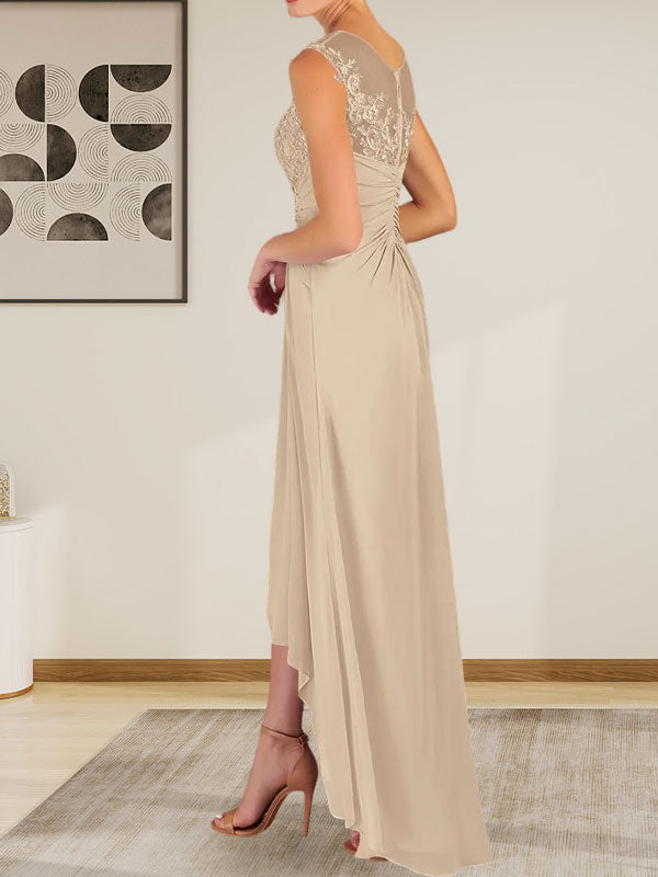 Vestido de gasa con encaje y escote redondo en forma de A color champán