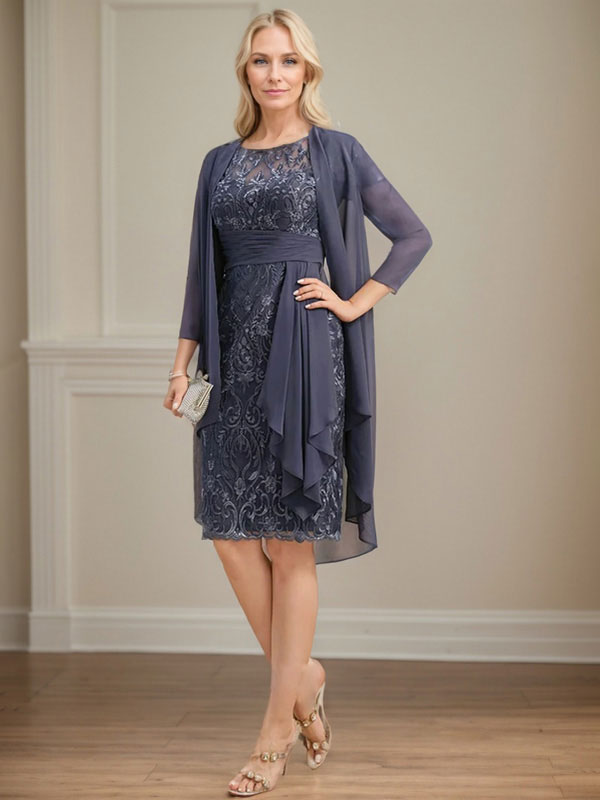 Vestido de madre de la novia de gasa con encaje, escote redondo, ilusión, largo hasta la rodilla, con volantes en cascada y lentejuelas
