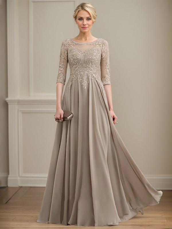 Vestido de gasa con encaje y lentejuelas para madre de la novia, corte A, escote ilusión, largo hasta el suelo