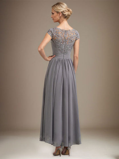 A-line Scoop Illusion Asymmetrical Lace Chiffon Mother of the Bride Dress With Pleated