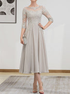 Vestido de gasa con encaje, corte A, ilusión, largo hasta la rodilla, para madre de la novia, con lentejuelas y abalorios