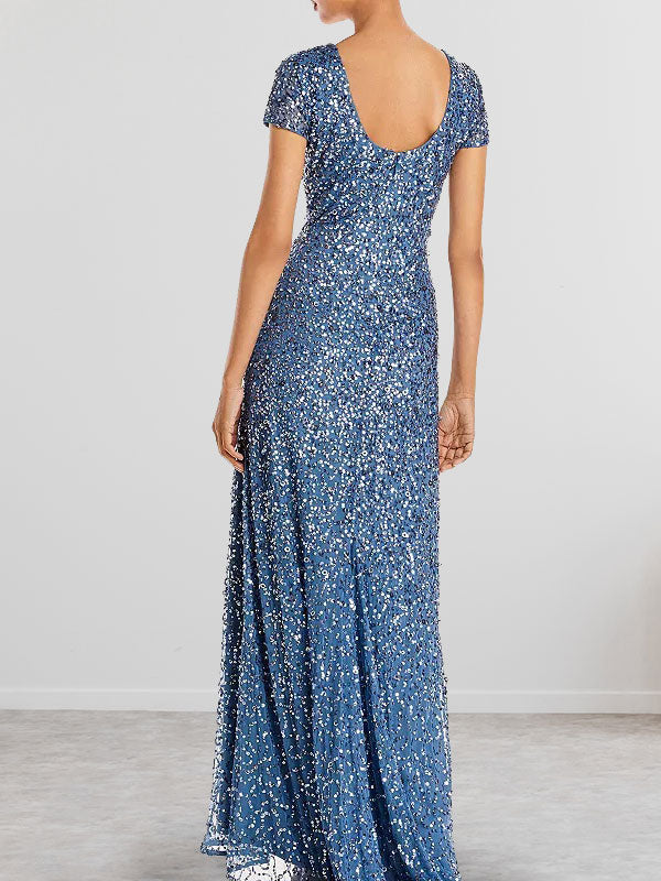 Vestido largo de madre de la novia con escote redondo y lentejuelas en azul polvoriento
