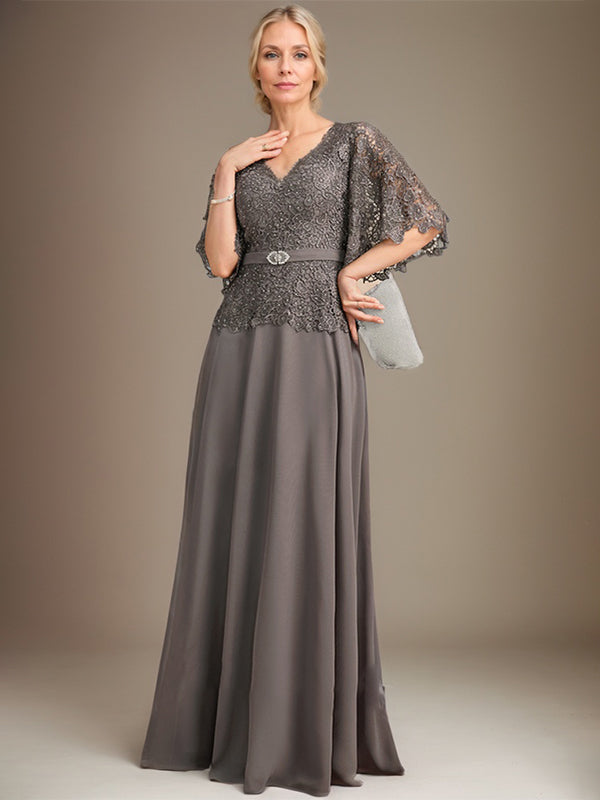 A-Linie V-Ausschnitt Bodenlanges Chiffon-Spitzenkleid für die Brautmutter mit Kristallbrosche und Strass 