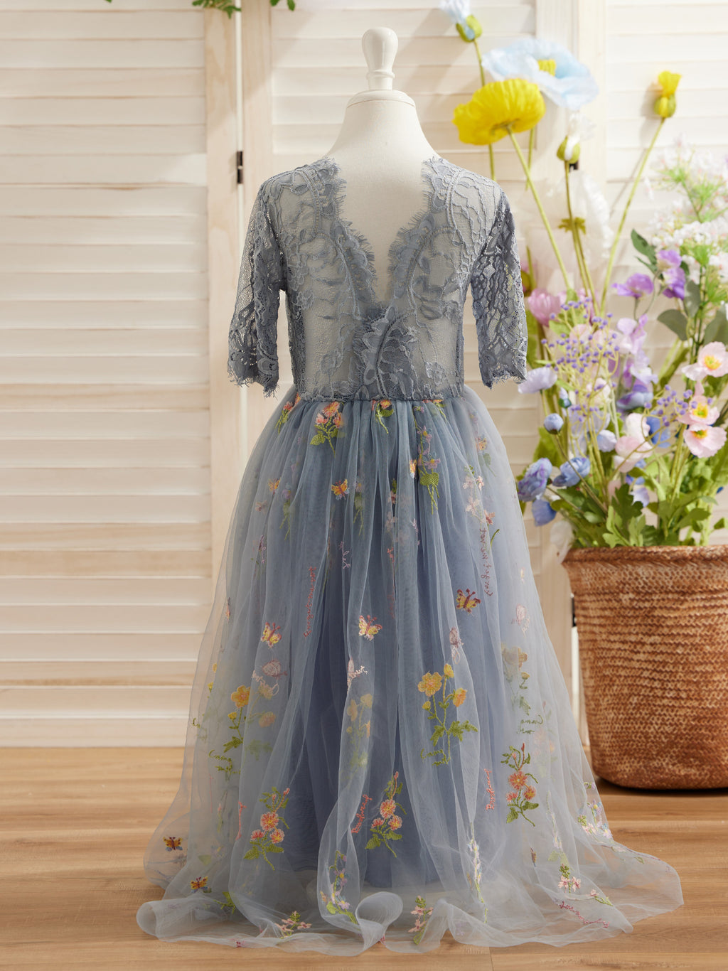 Salbeigrünes Blumenmädchenkleid aus Stoff mit U-Ausschnitt und Tüll (2003227581) 