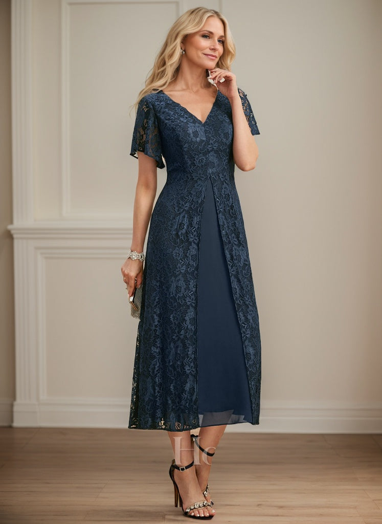 Vestido de gasa con encaje y escote en V para madre de la novia, largo hasta la rodilla