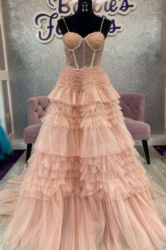 Averi | Zartrosa Tüll-Ballkleid mit Rüschenlagen und Schnürung am Rücken in A-Linie