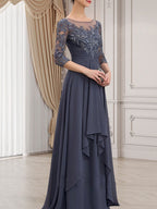 Vestido de gasa con encaje, corte A, escote ilusión, largo hasta el suelo, para madre de la novia con volantes en cascada