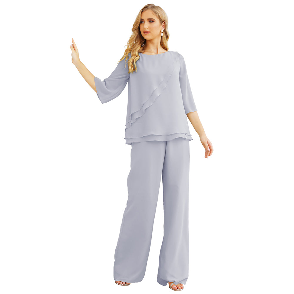 Sunnderly Chiffon Mother of The Bride Dress Plus Size Pant Suits Ruffle Layers