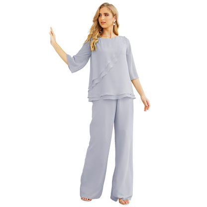 Sunnderly Chiffon Mother of The Bride Dress Plus Size Pant Suits Ruffle Layers