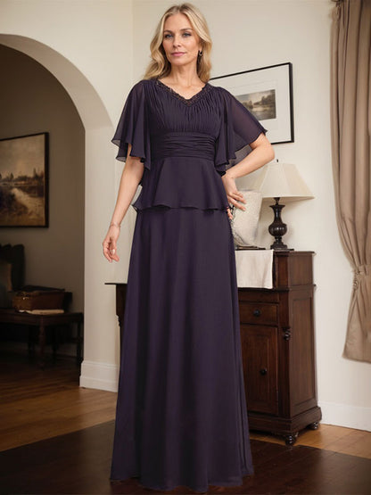 A-Linien-Kleid aus Chiffon mit V-Ausschnitt und bodenlangem Schnitt für die Brautmutter mit plissierten Perlen