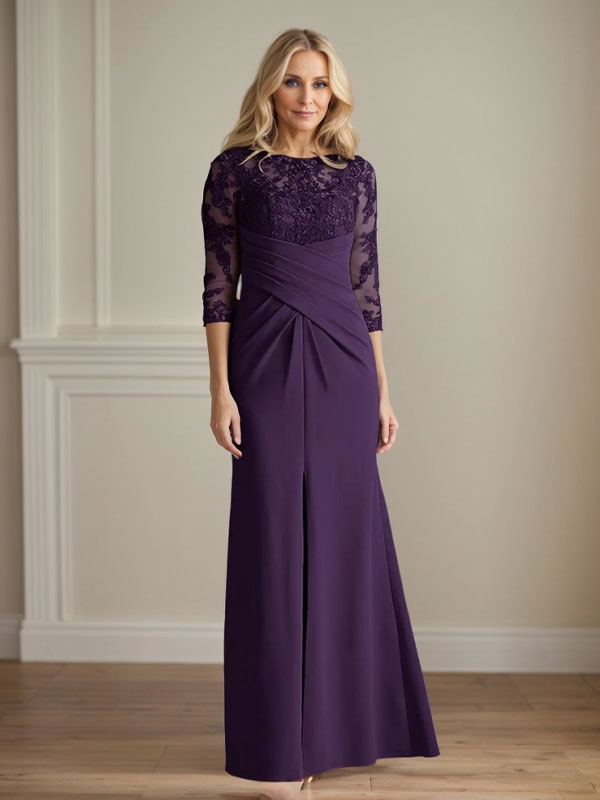 Vestido para madre de la novia de crepé elástico con encaje color ciruela