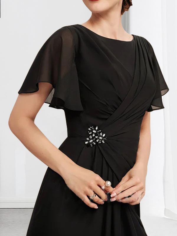 A-Linie U-Ausschnitt Knöchellang Chiffon Kleid für die Brautmutter mit Perlenbesatz Plissee