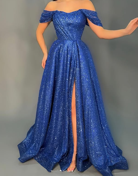 Glitzerndes schulterfreies Pailletten-Ballkleid mit Schlitz in Blau, A-Linie, Abendkleid Y8532