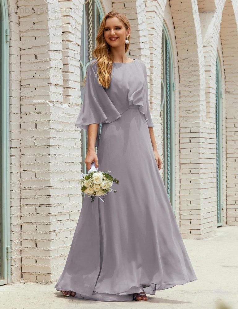 Vestido de dama de honor Sunnderly para mujer, de gasa, manga larga y cuello en V, vestido formal para boda o fiesta SY28018 