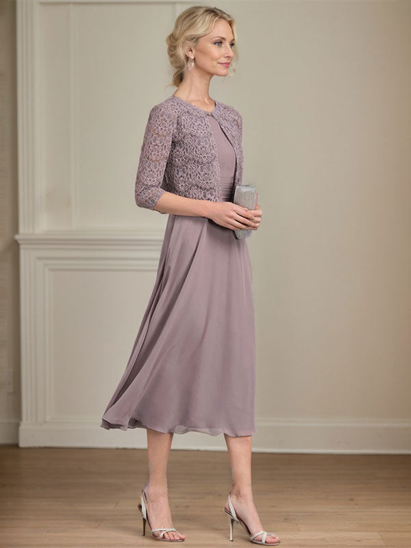 Vestido de gasa para madre de la novia con corte en A, escote redondo y largo hasta la rodilla con pliegues