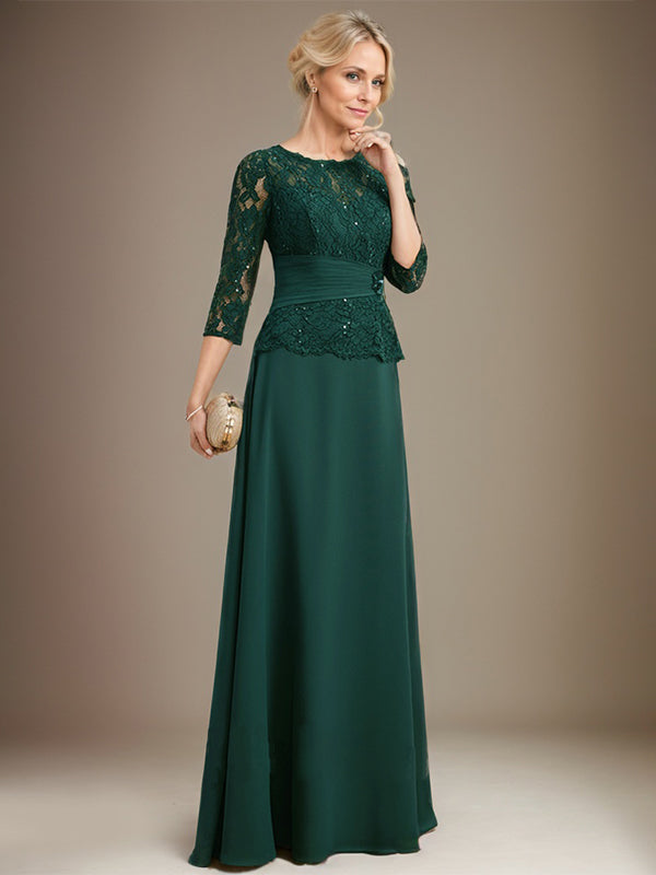 Vestido de gasa con encaje, corte A, ilusión, largo hasta el suelo, para madre de la novia, con lentejuelas plisadas y abalorios