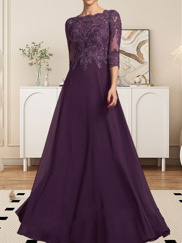 Vestido de gasa con encaje y lentejuelas para madre de la novia, corte A, largo hasta el suelo