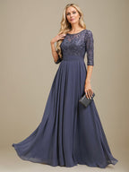 Vestido de madre de la novia de gasa con encaje, corte A, largo hasta el suelo y apliques de lentejuelas