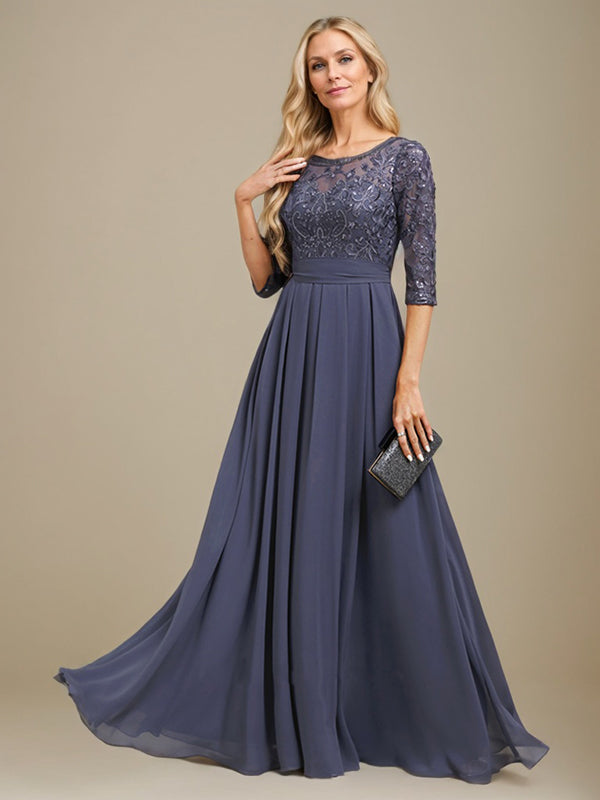 Vestido de madre de la novia de gasa con encaje, corte A, largo hasta el suelo y apliques de lentejuelas